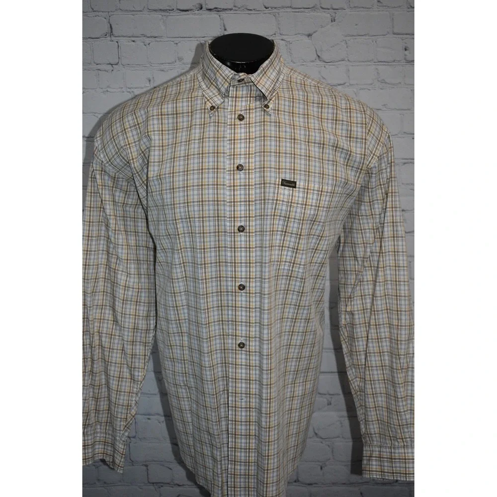 Faconnable Button Down Mens XL Beige Plaid Long Sleeve Cotton USA Made